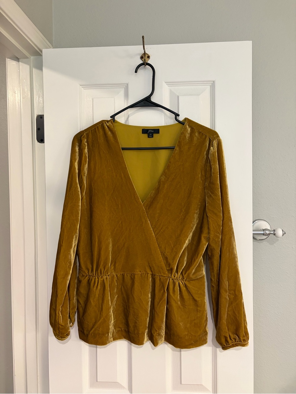J.Crew Vintage Gold Velvet Faux Wrap Peplum Blouse Size 10